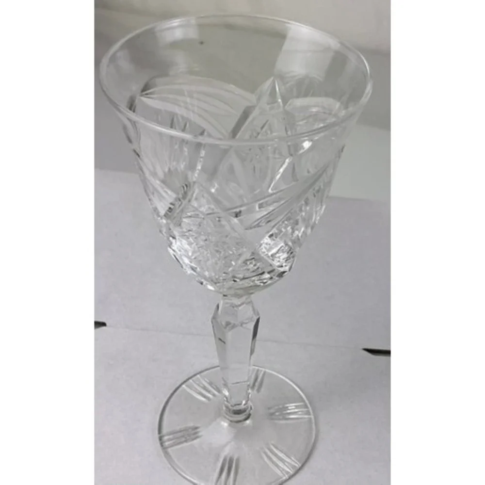 Vintage Cut Crystal Wine Goblet Faceted Stem Clear Glass 5